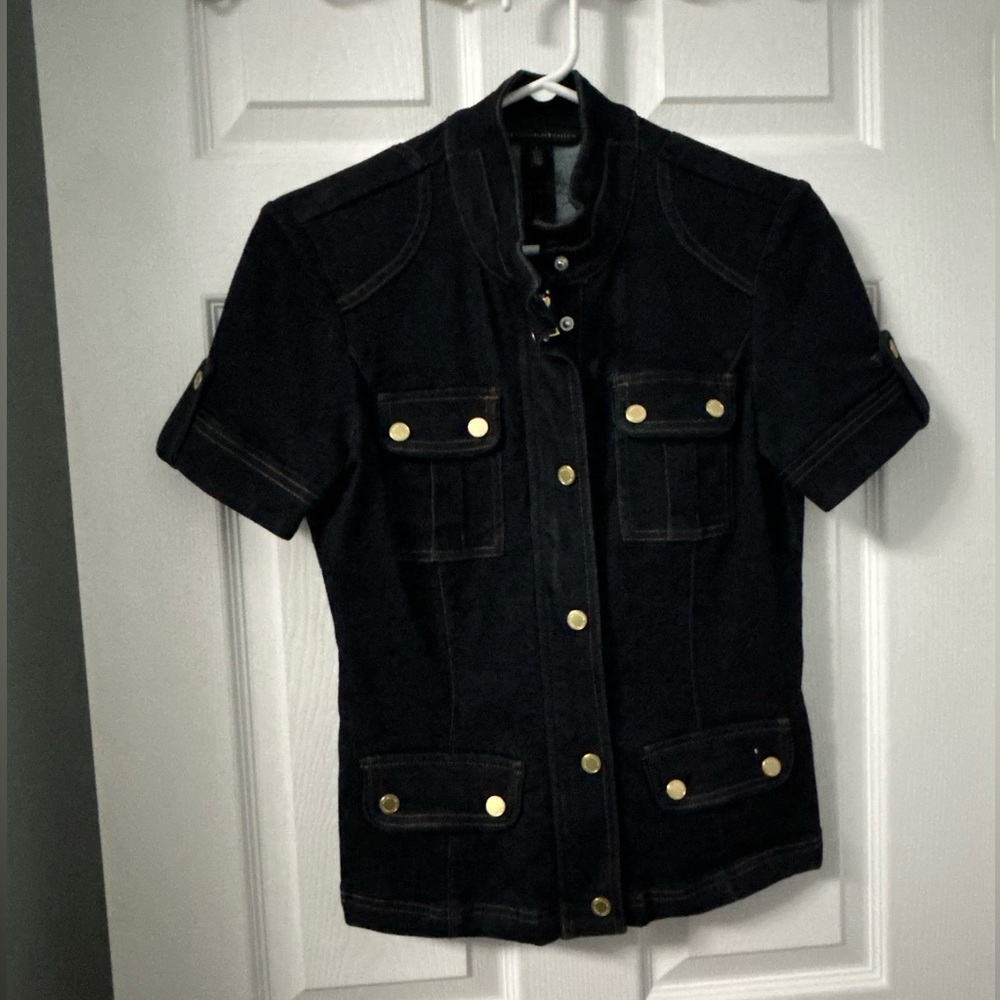 White House Black Market Dark DeniShort-Sleeve Utility Jacket with Gold Hardware